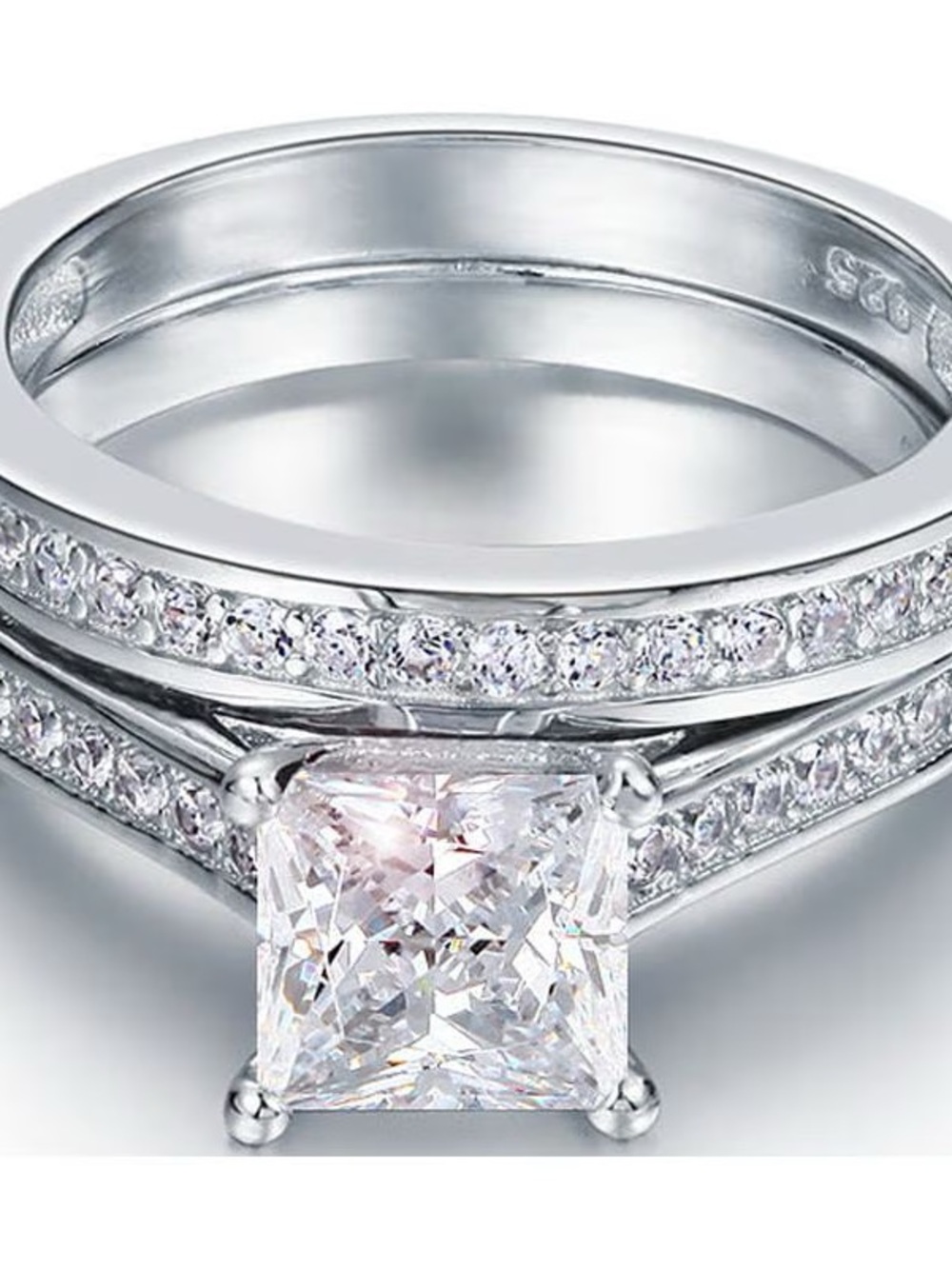 Sterling Silver Princess-Cut CZ Engagement Ring Set - White